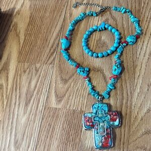 YOUSI FAUX TURQUOISE CORAL NECKLACE INLAY STONE CROSS PENDANT BRACELET SET